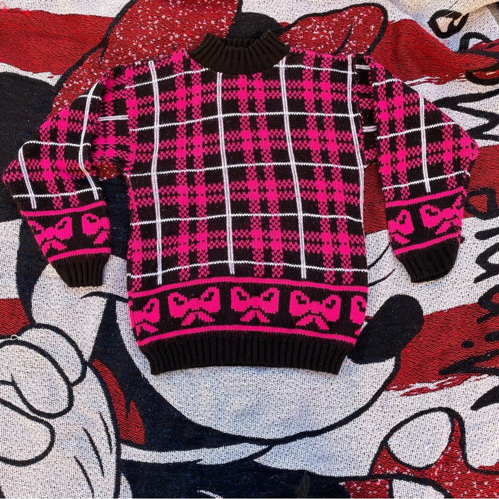VTG SISTER SISTER BLACK PINK WHITE PLAID BOW GRAPHIC SWEATER SIZE 10/12 RARE KEI